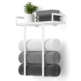 Xstydes wall-mounted towel rack with wooden shelf keeps towels organized and accessible.