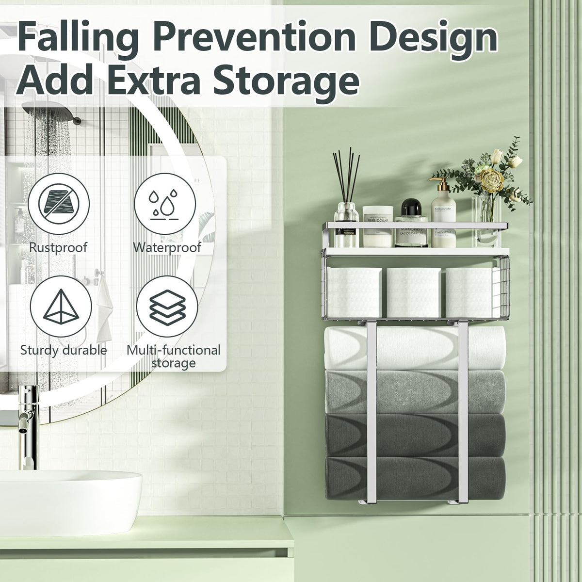 Xstydes wall-mounted bathroom shelves in silver for organization
