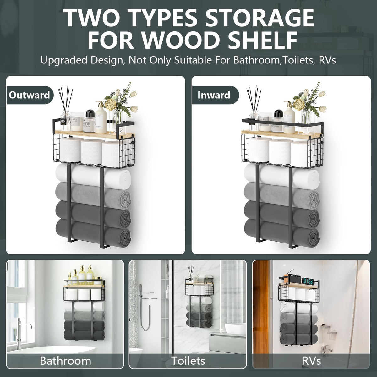 Xstydes wooden top shelf towel holder blends warmth with practical storage.