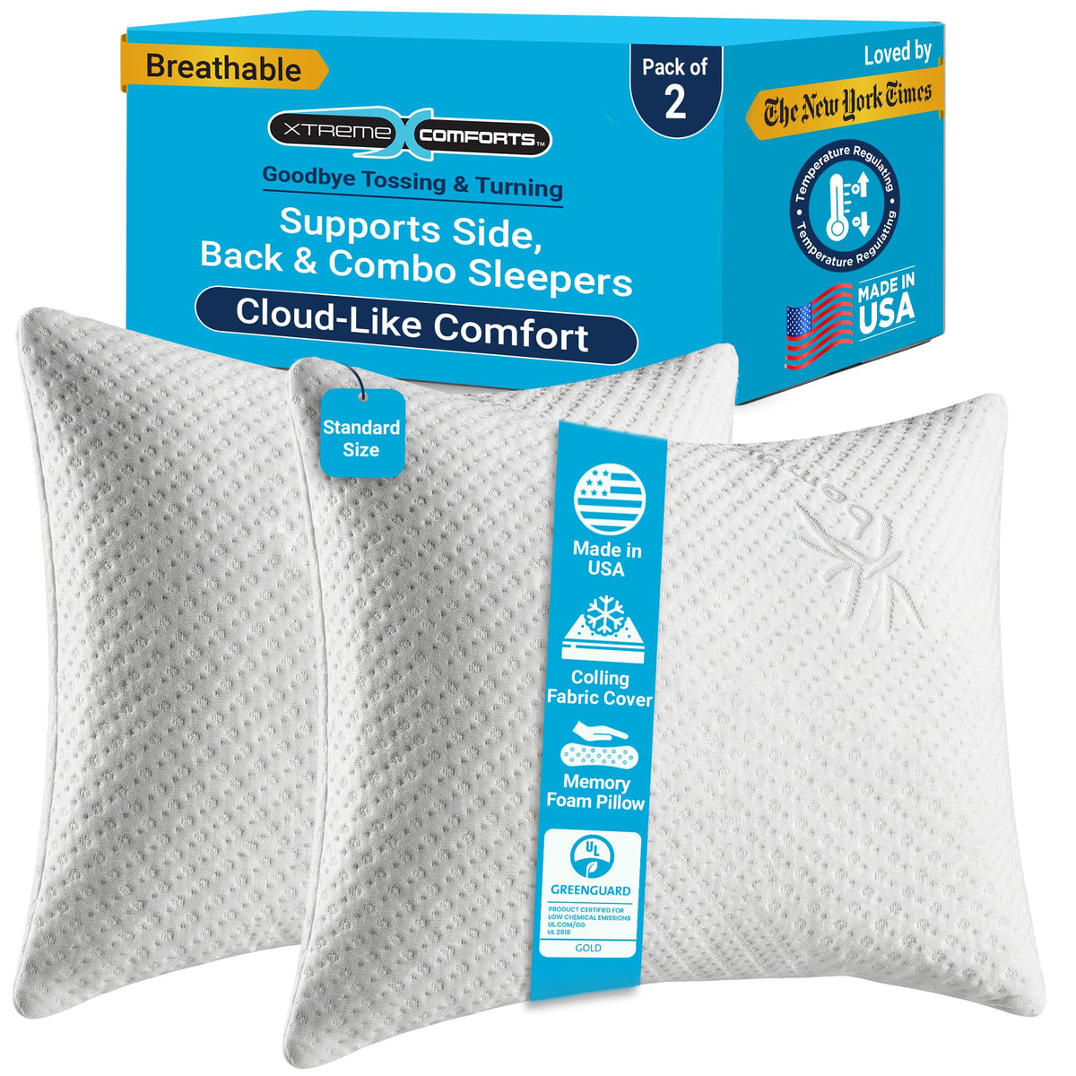 Xtreme Comforts pillow side view shows slim design for versatile comfort