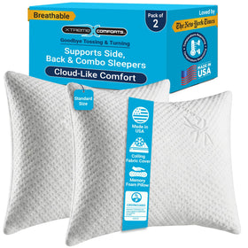Xtreme Comforts pillow side view shows slim design for versatile comfort