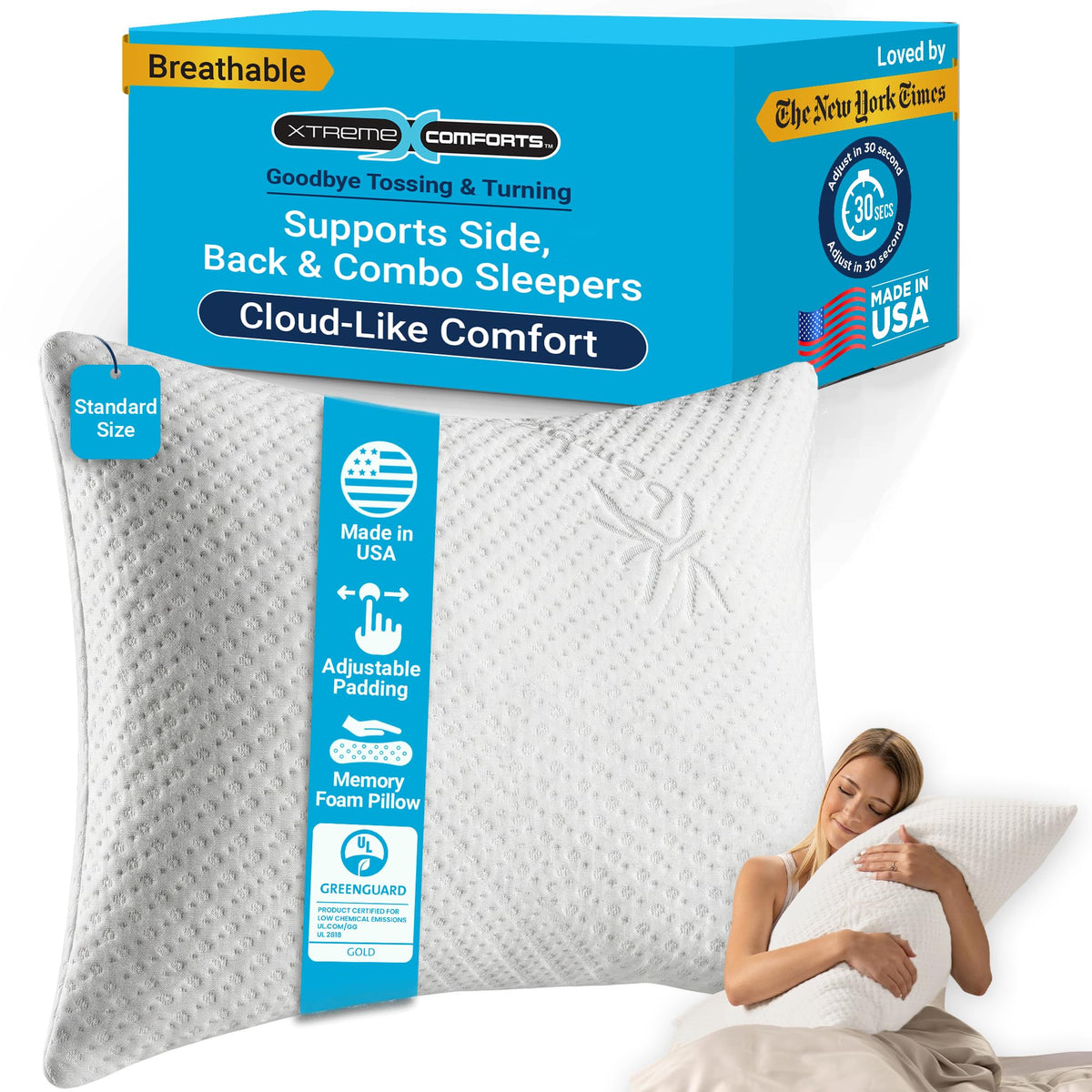 Xtreme Comforts adjustable-padding pillow for personalized firmness and support.