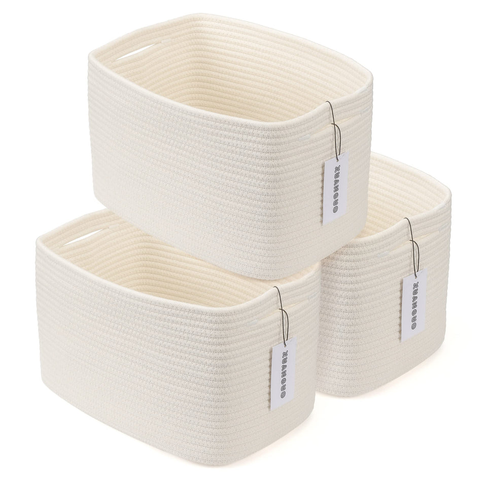 XUANGUO cotton rope storage basket rectangle white with handles for easy shelf organization.