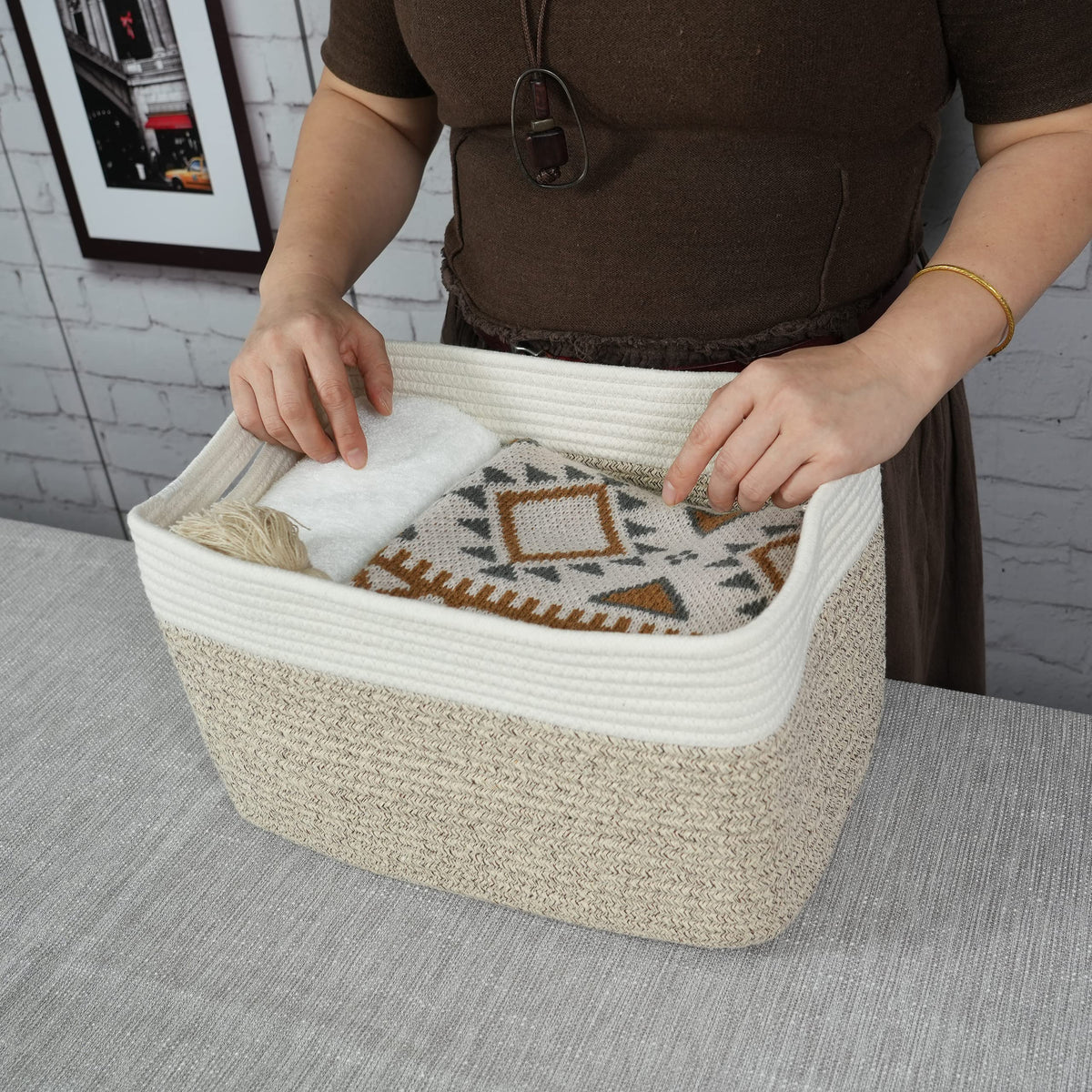 Xuanguo foldable cotton rope basket; soft edges protect furniture.