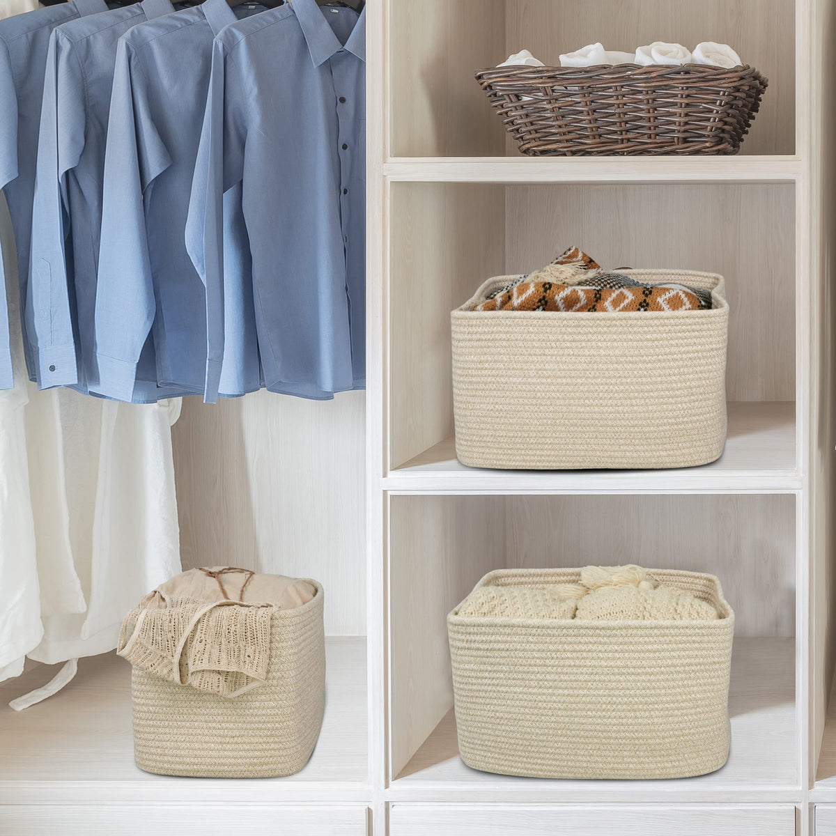 Nursery room with XUANGUO oatmeal basket for toys and blankets.