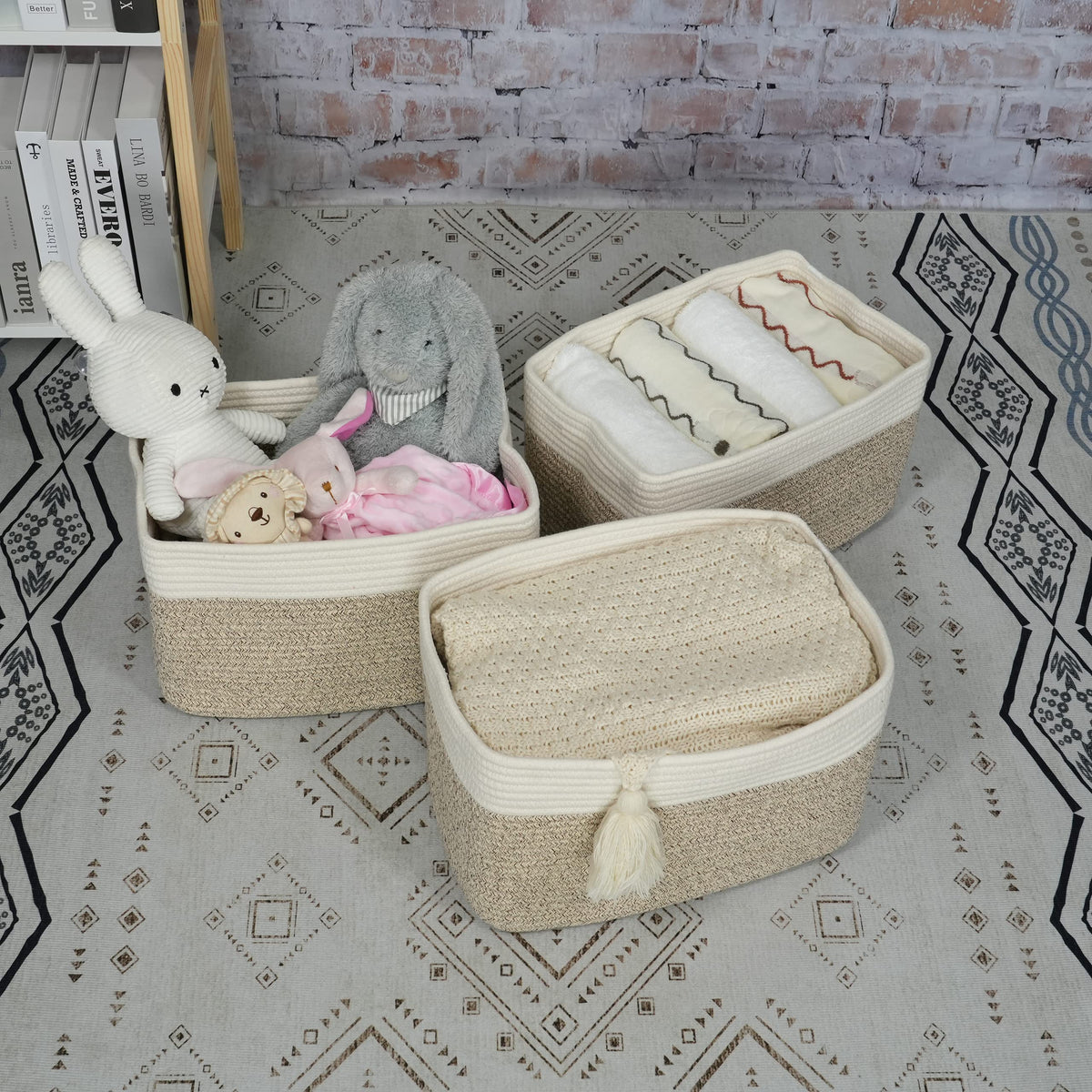 Xuanguo solid-color rectangle rope basket in white and brown complements decor.