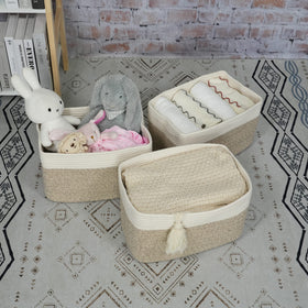 Xuanguo solid-color rectangle rope basket in white and brown complements decor.