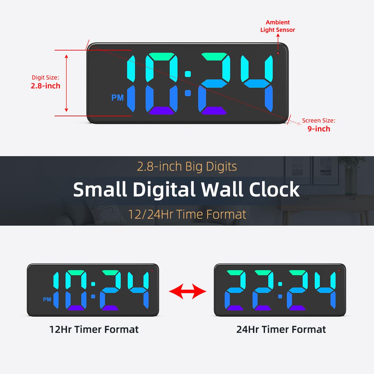 Xuanzit auto-brightness wall clock adapts to day and night lighting for comfort.