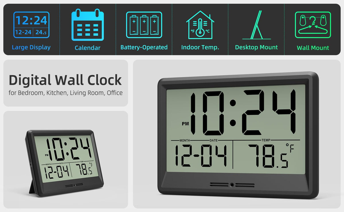 XUANZIT battery-operated clock with up to two years of maintenance-free power.