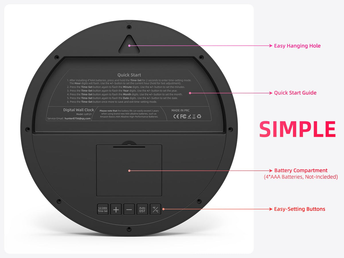 XUANZIT battery-powered clock offers up to two-year maintenance-free operation.
