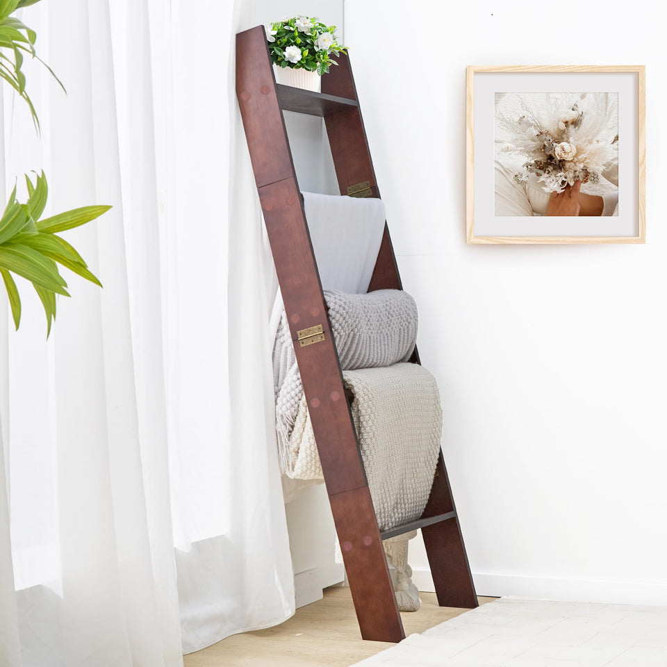 XUNIQUE 5-Tier Blanket Ladder shows 58-inch height for quilt display.