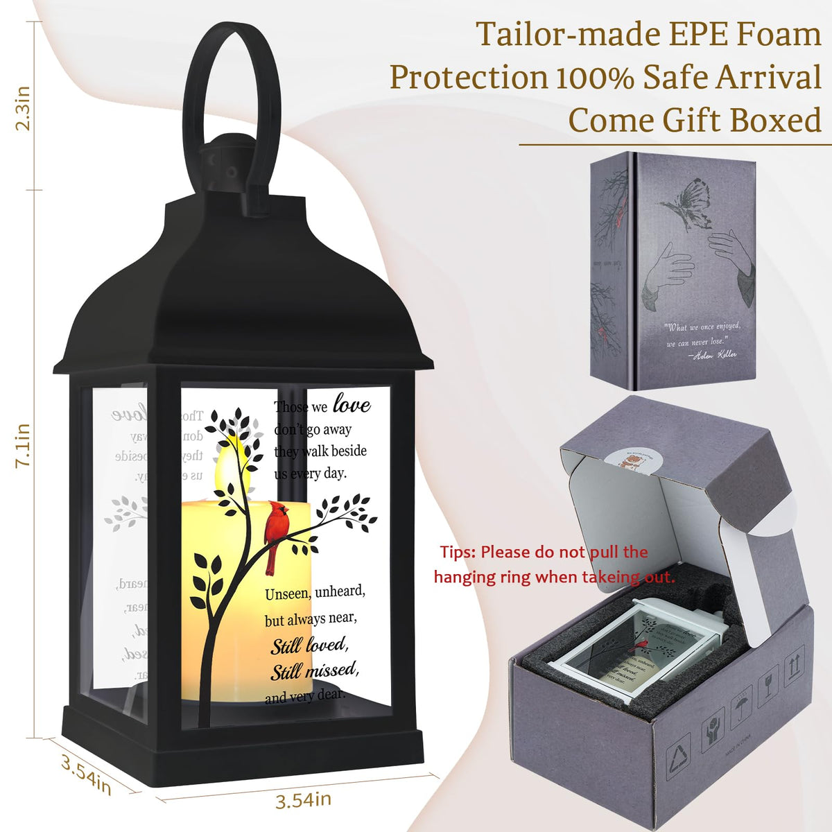 XXSTAR Memorial Lantern black front view showing glass panels and warm light