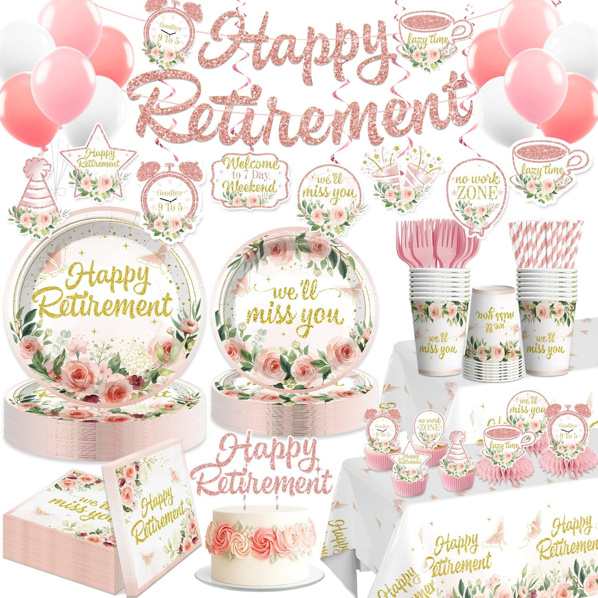 Xynic 171-piece floral retirement decor set creates a cohesive party look