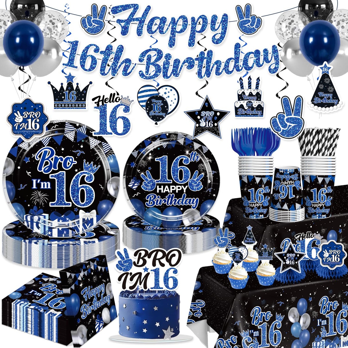 Xynic 16th birthday tablecloth in blue creates a festive base for the party