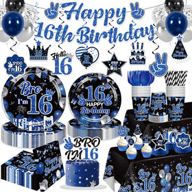 Xynic 16th birthday tablecloth in blue creates a festive base for the party