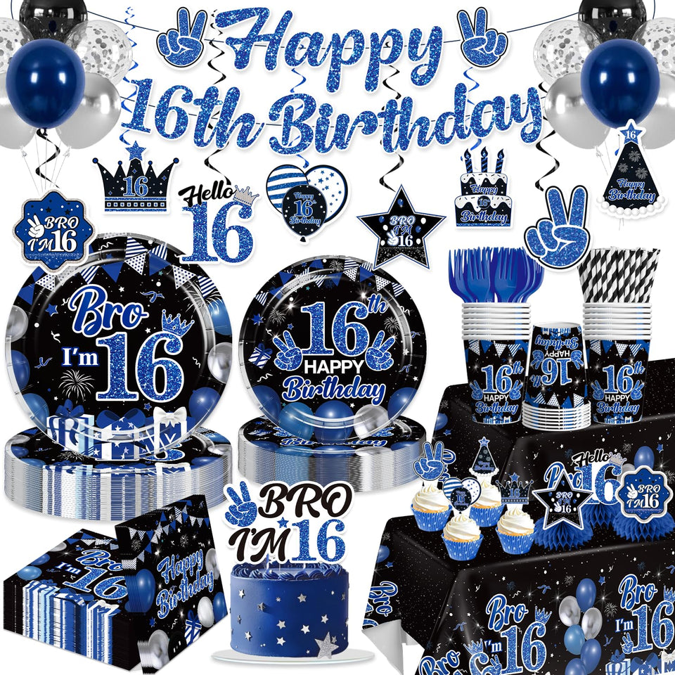 Xynic 16th birthday tablecloth in blue creates a festive base for the party
