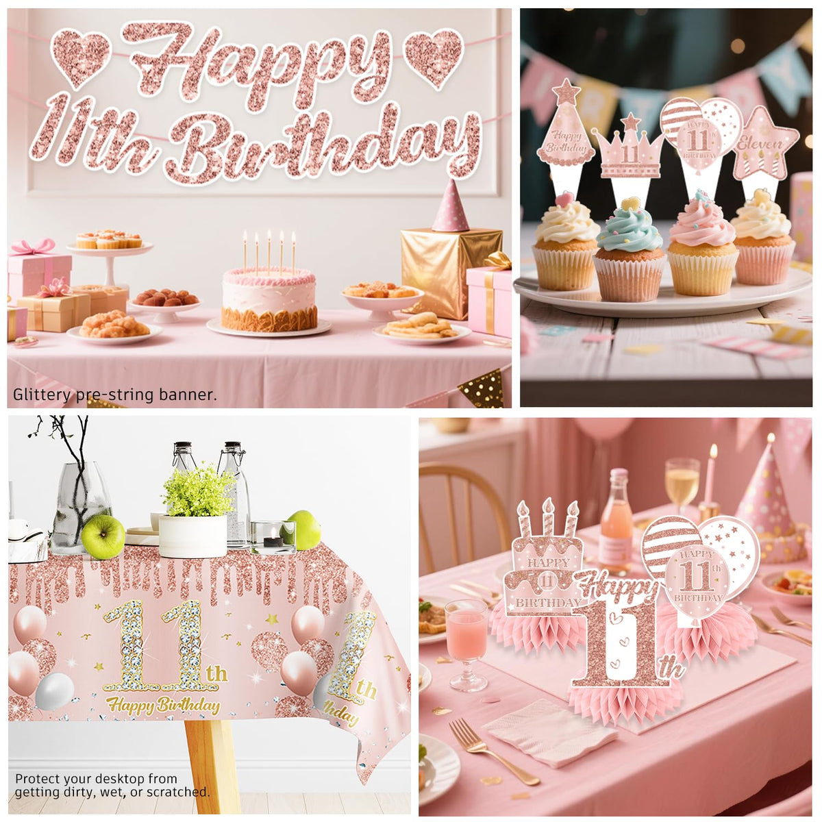 Xynic rose gold cake topper crowns the centerpiece with sparkle.