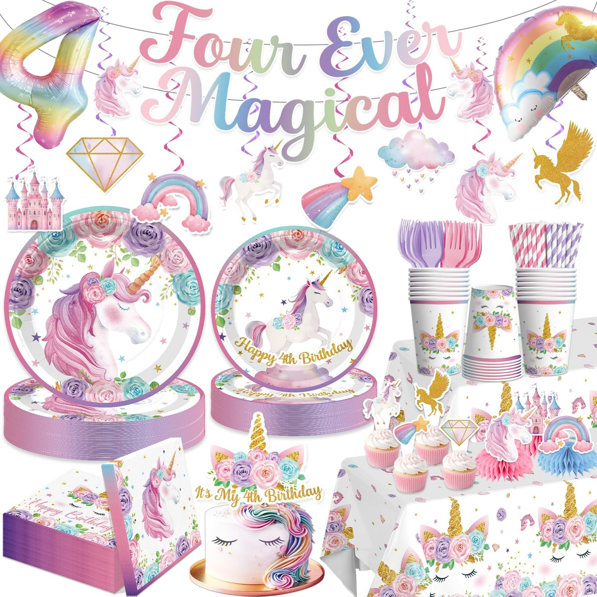 Xynic unicorn 7-inch plates for a colorful 4th birthday celebration
