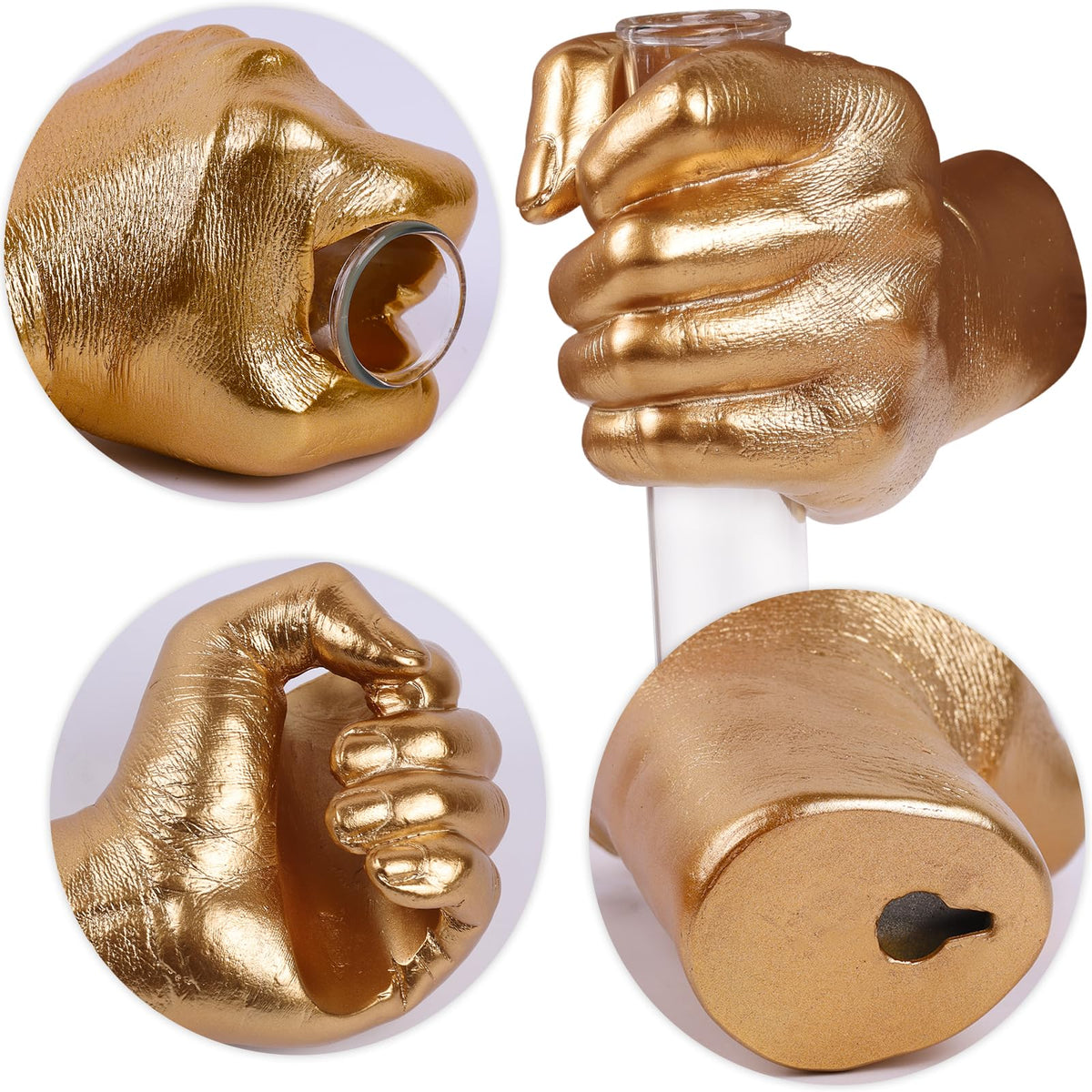 Wall-mount art piece features a hand sculpture and vase for a bold focal point.
