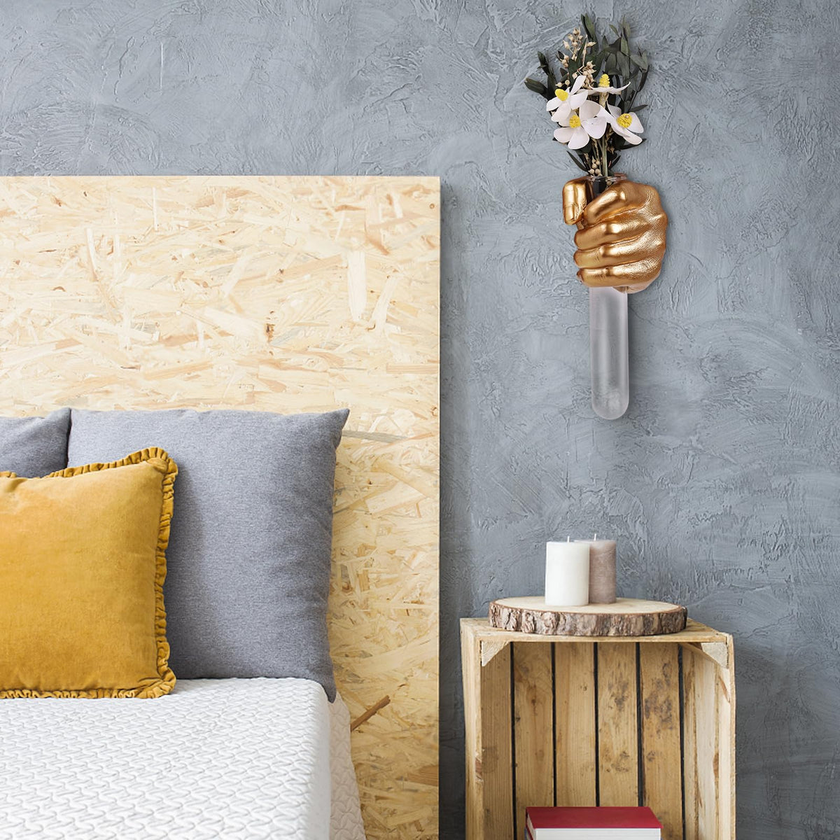 Contemporary wall sculpture by XYQXYQ adds a striking gold accent.
