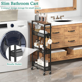 XYZLVSI four-tier rolling cart with mesh baskets keeps spices and cans organized.