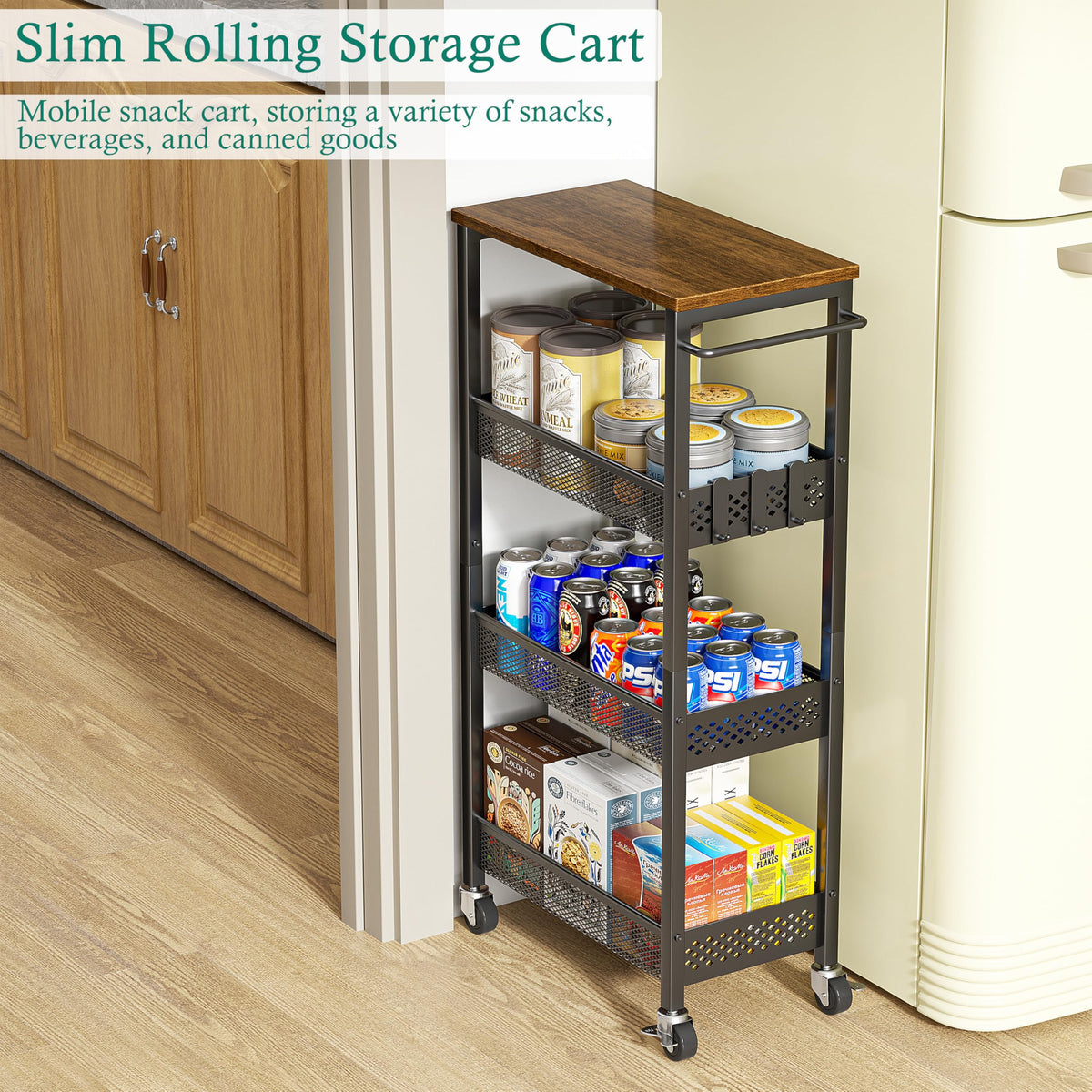 XYZLVSI slim storage cart fits between washer and dryer for compact storage.