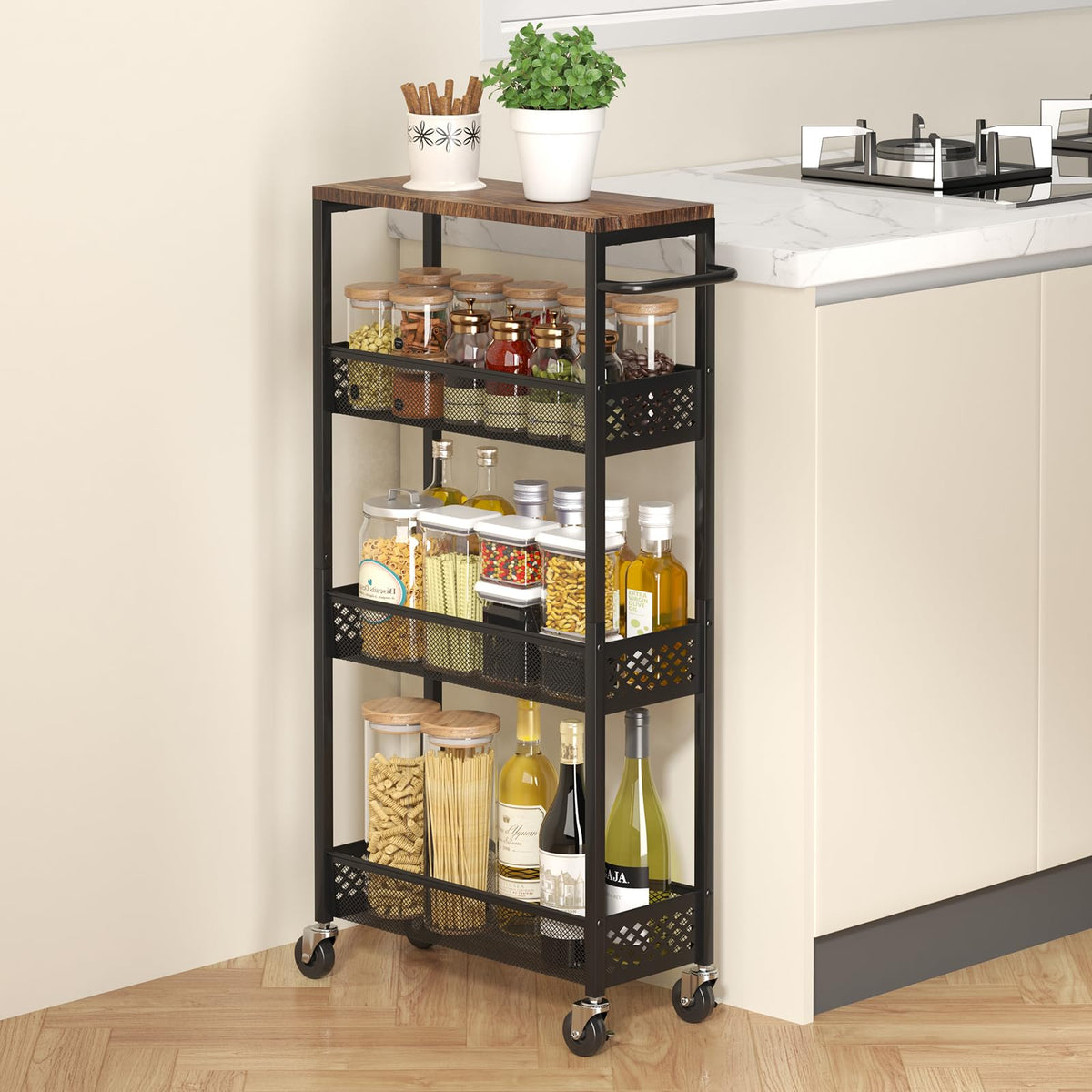 XYZLVSI laundry supplies organized on a four-tier cart