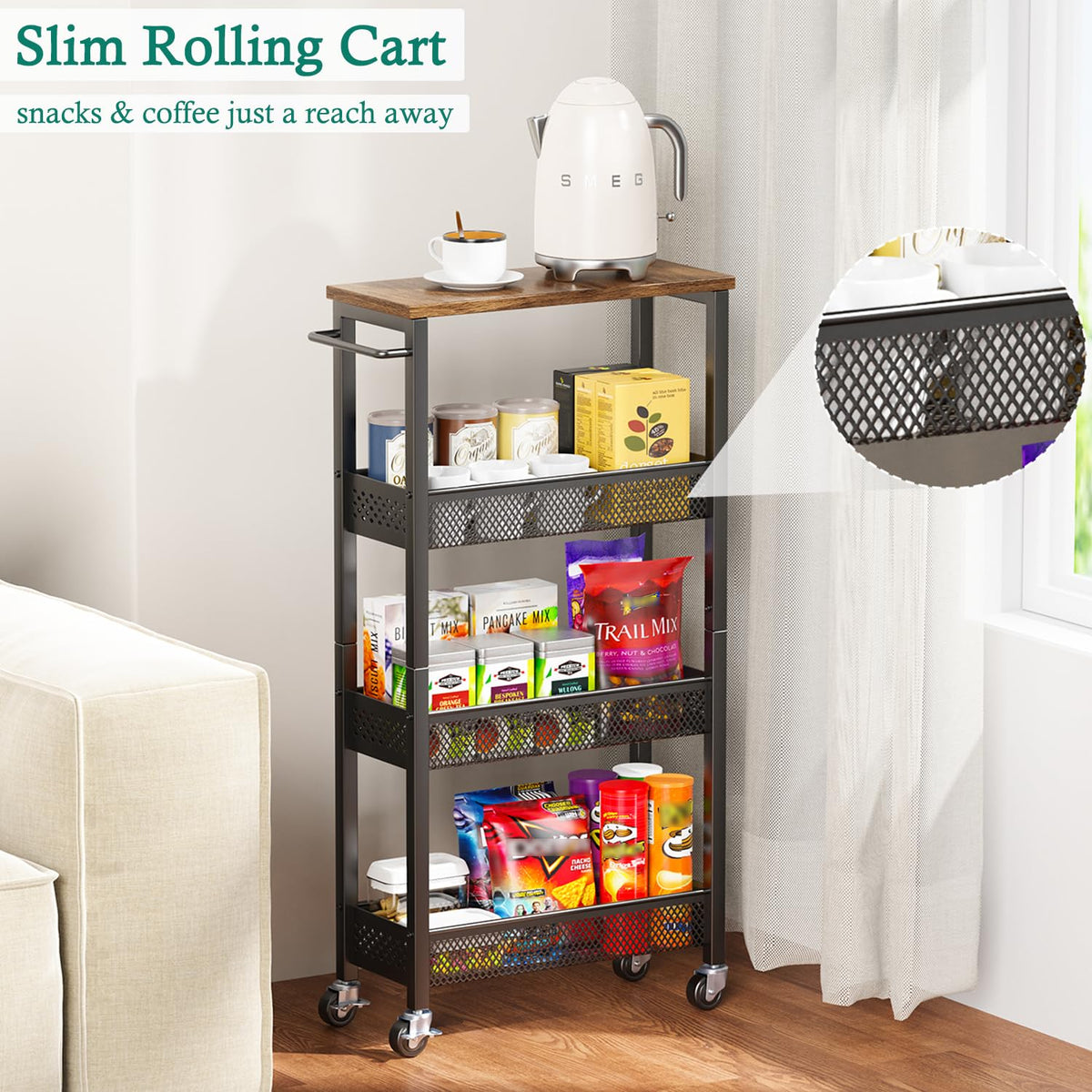 XYZLVSI slim storage cart with metal handle ready to glide