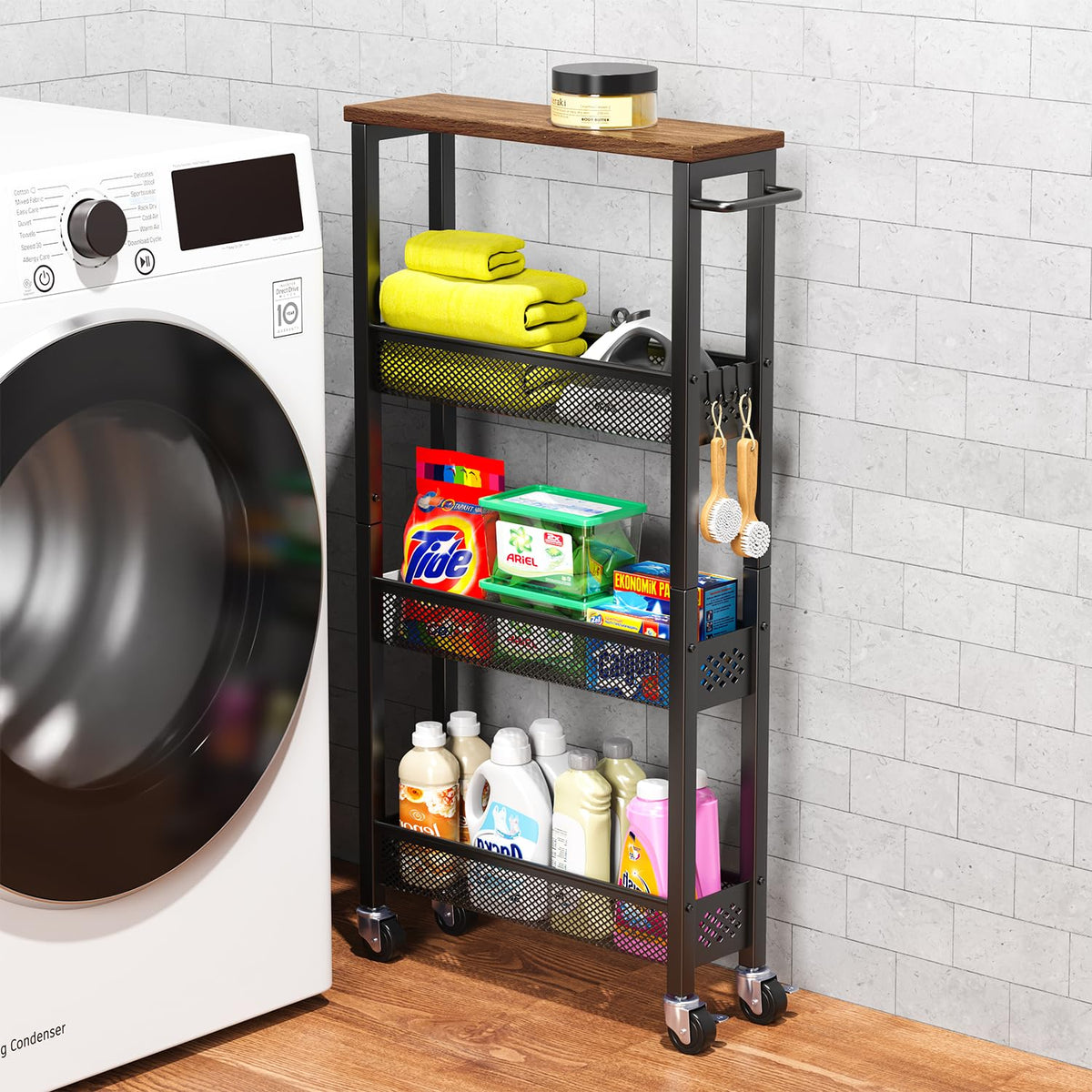 XYZLVSI slim storage cart with a wooden top saves space in a narrow kitchen.