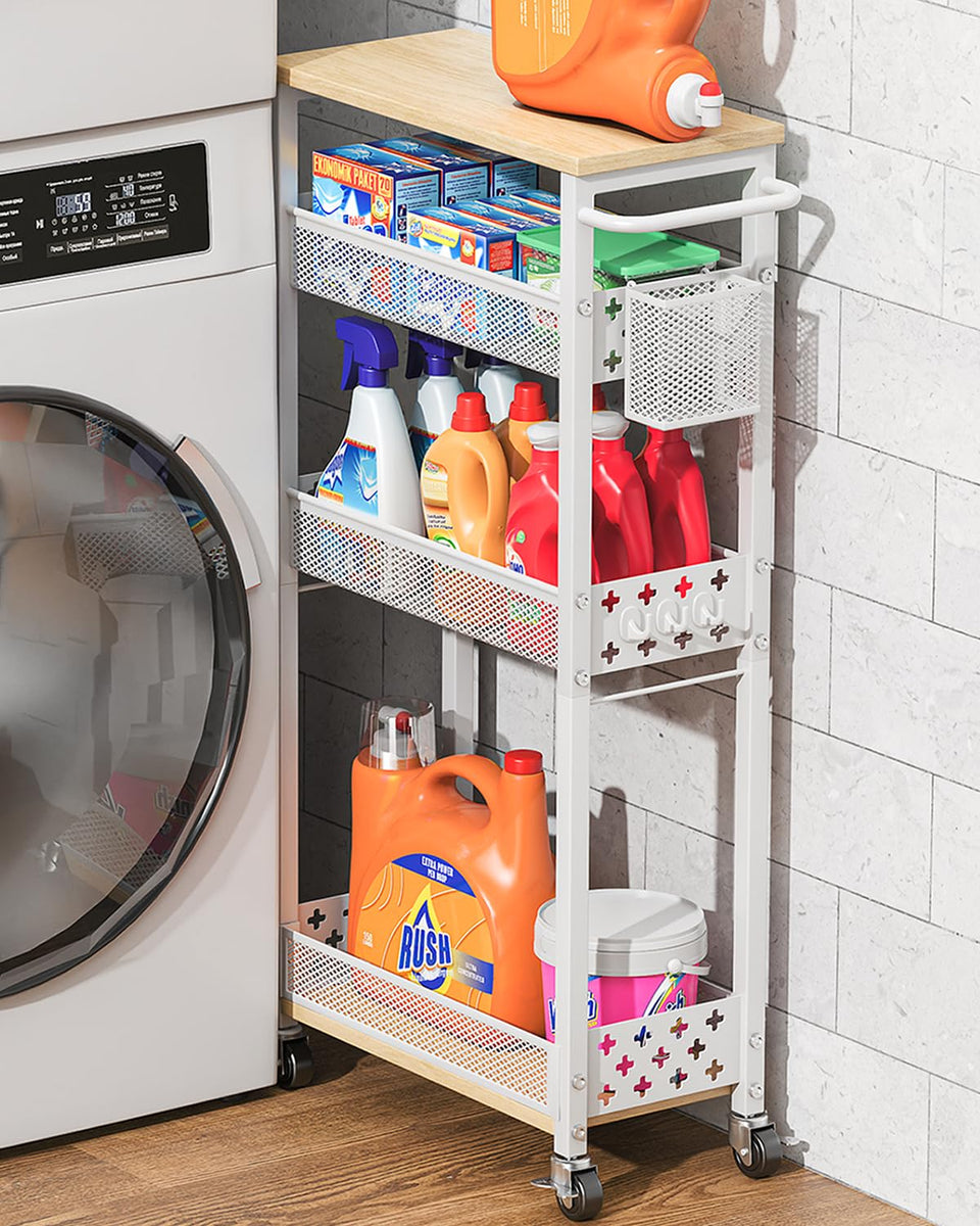 XYZLVSI slim storage cart with wooden rack ideal for tall bottles and bulk items