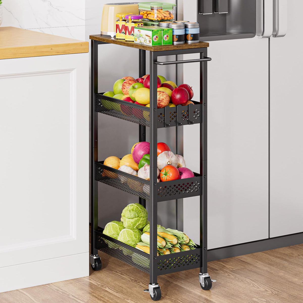 XYZLVSI slim storage cart with wooden top adds extra prep space.