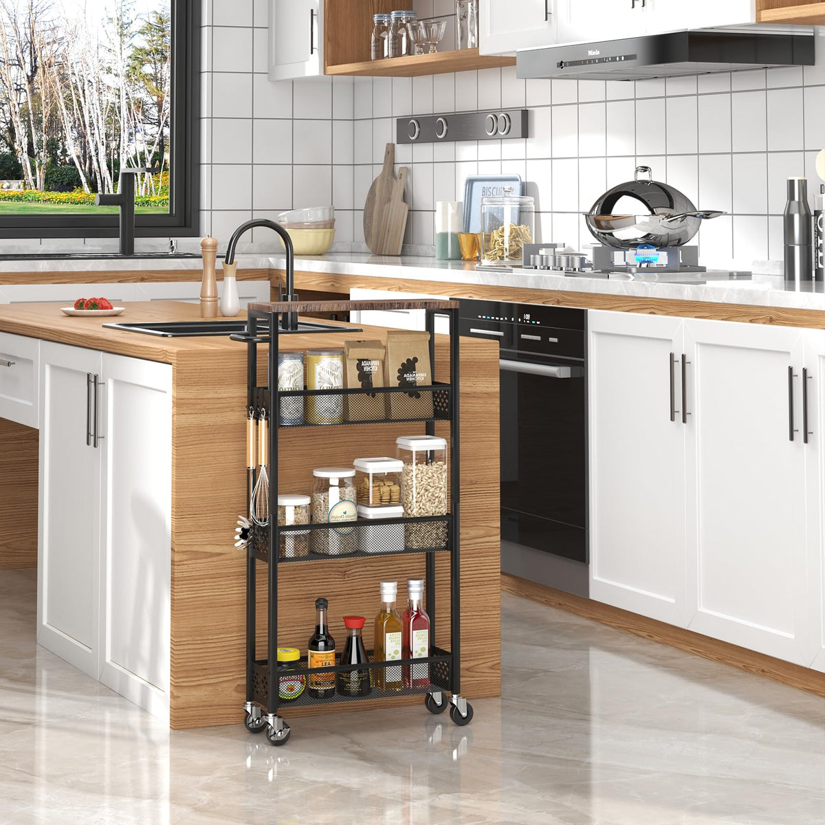 XYZLVSI compact storage solution fits between appliances and walls for extra room.