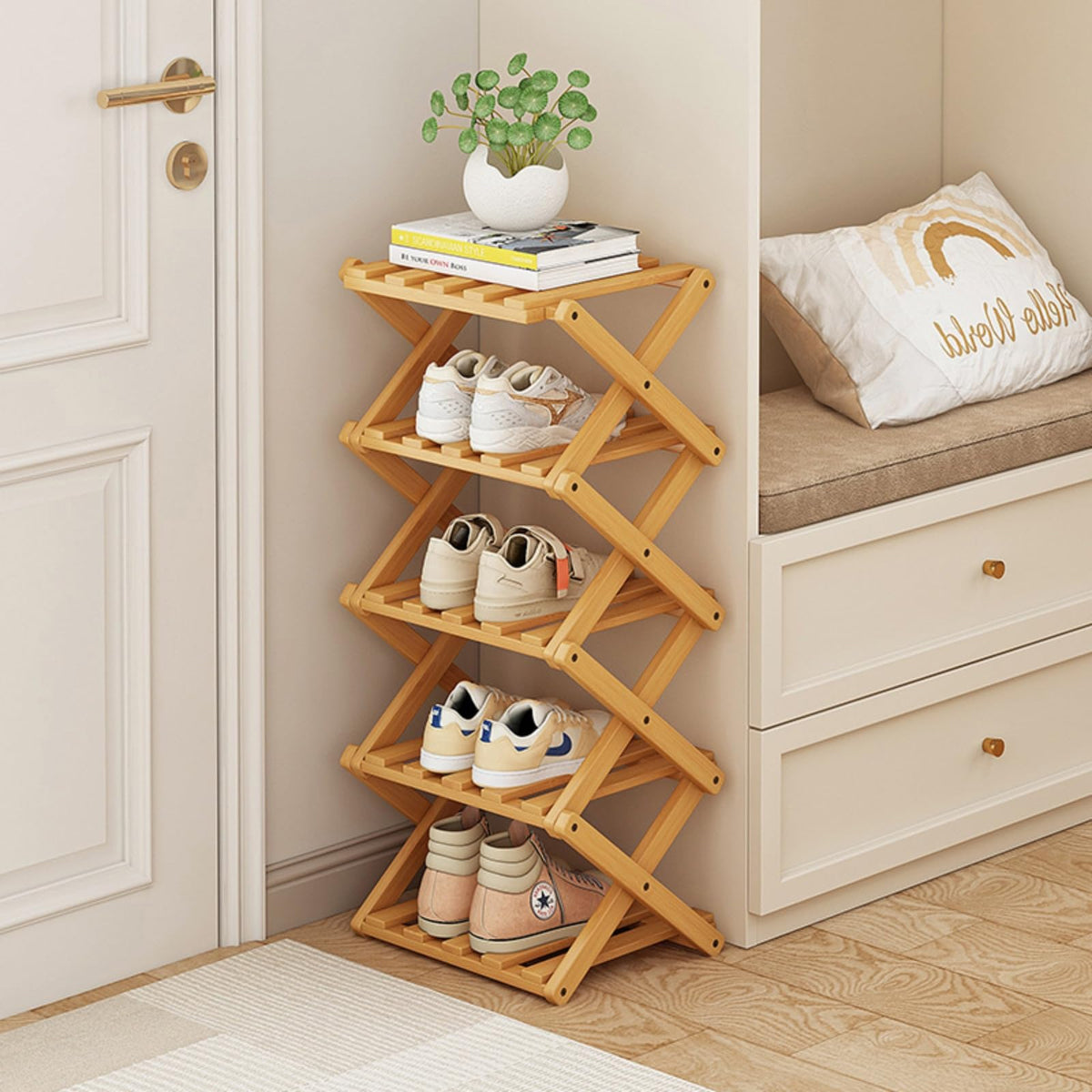 XZXWZX foldable bamboo shoe rack in no-assembly setup for quick entryway storage