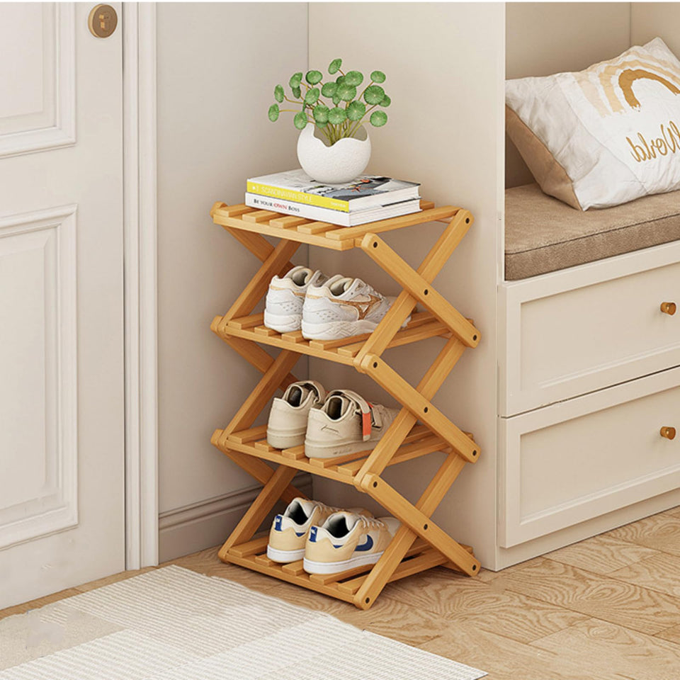 XZXWZX foldable bamboo shoe rack vertical layout keeps entryway neat.