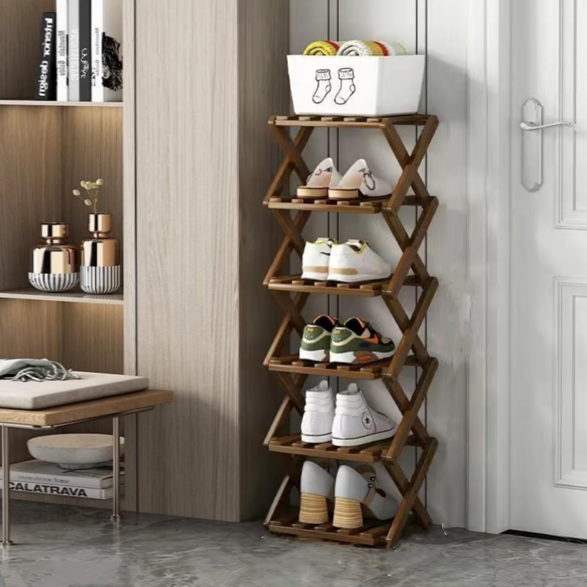 XZXWZX Foldable Bamboo Shoe Rack demonstrates vertical storage for small spaces.