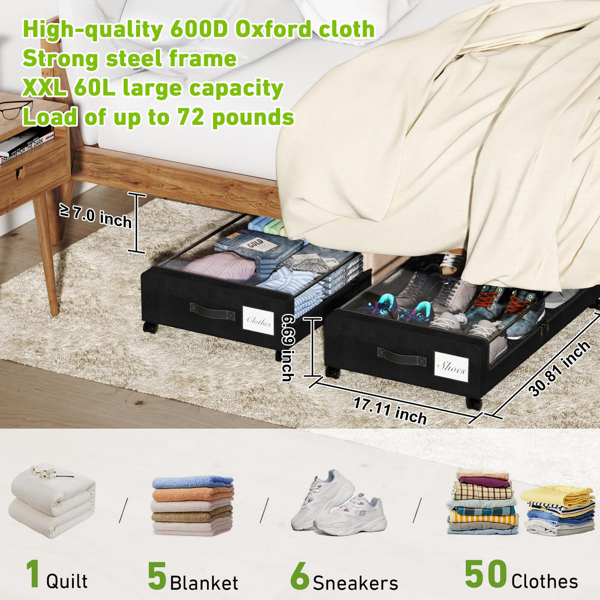 YAASHEEN 60L rolling bin with sturdy metal frame holds bulky items securely.