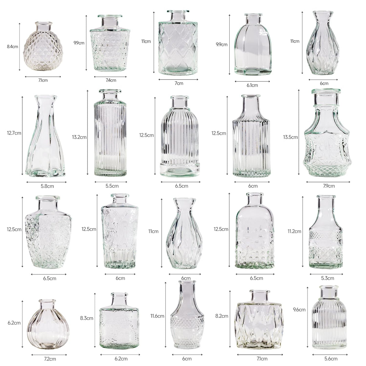 Yabool clear glass bud vases in multiple sizes for fresh or dried arrangements