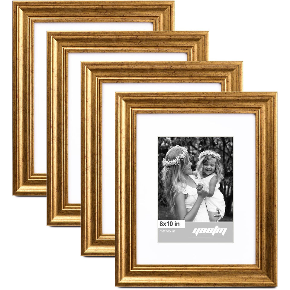 Yaetm 8x10 gold frame front view for elegant four-pack display in any room.