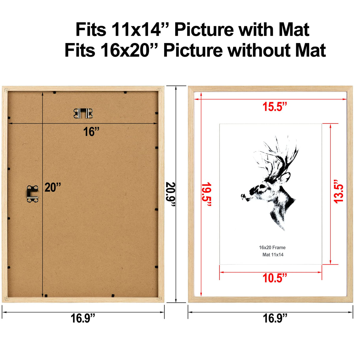 Yaetm oak frame with mat showing 11x14 display option for photos.