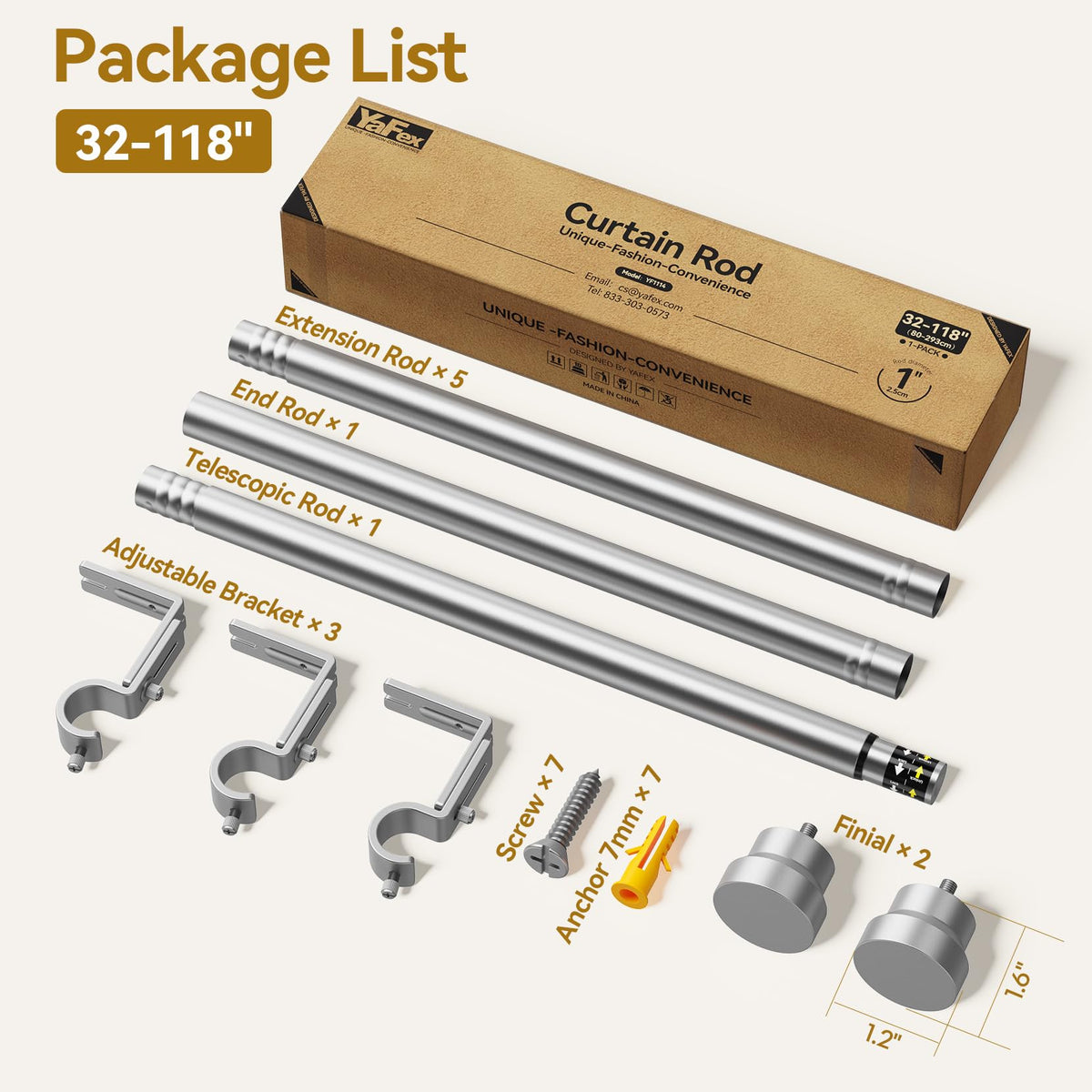 YaFex full curtain rod kit with end rod, extensions, and brackets