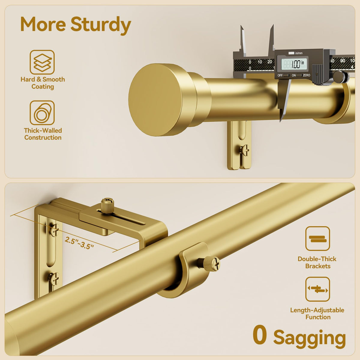 YaFex gold curtain rod 1-inch diameter supports heavy curtains.