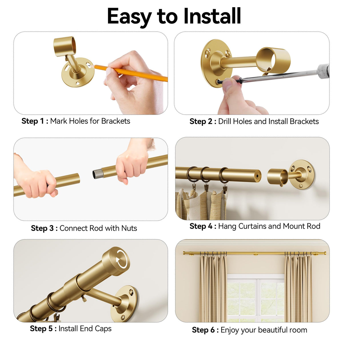 YaFex gold-finish curtain rod radiates a premium timeless look