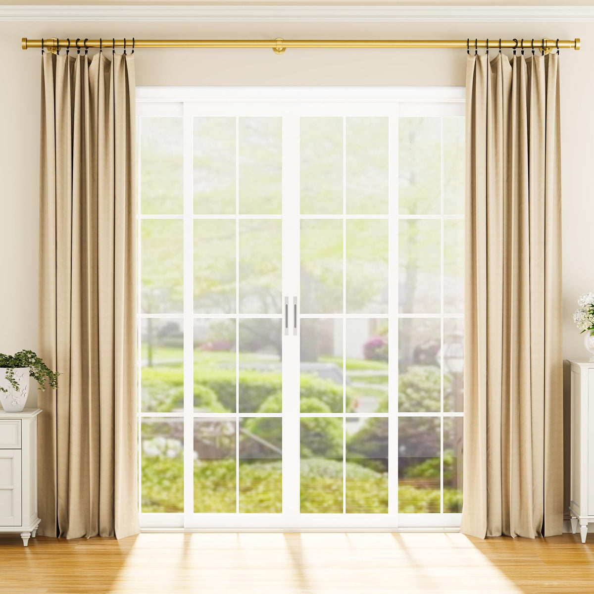 YaFex gold curtain rod adds elegance and reliable support for long curtains.