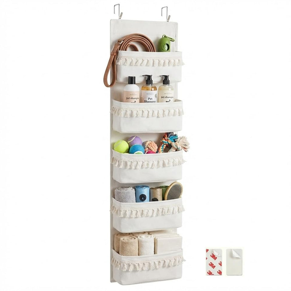 Yagizaai over-the-door organizer with five deep pockets for quick leash and toy access.