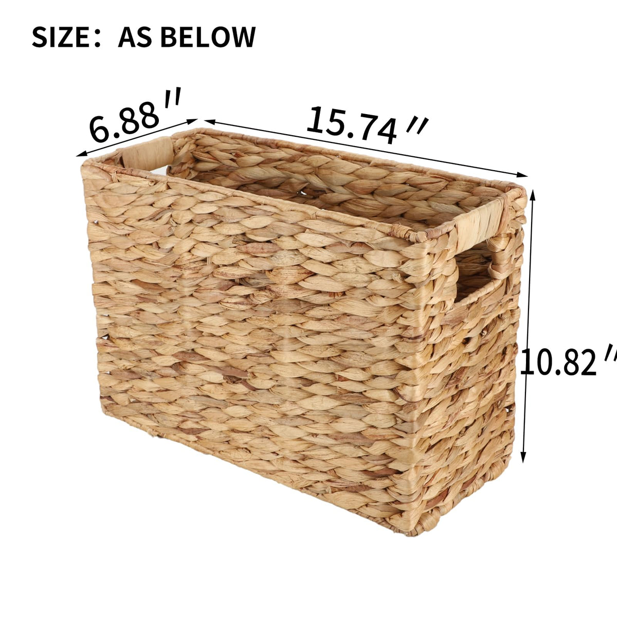 Rectangular magazine basket ideal for living room and shelves.