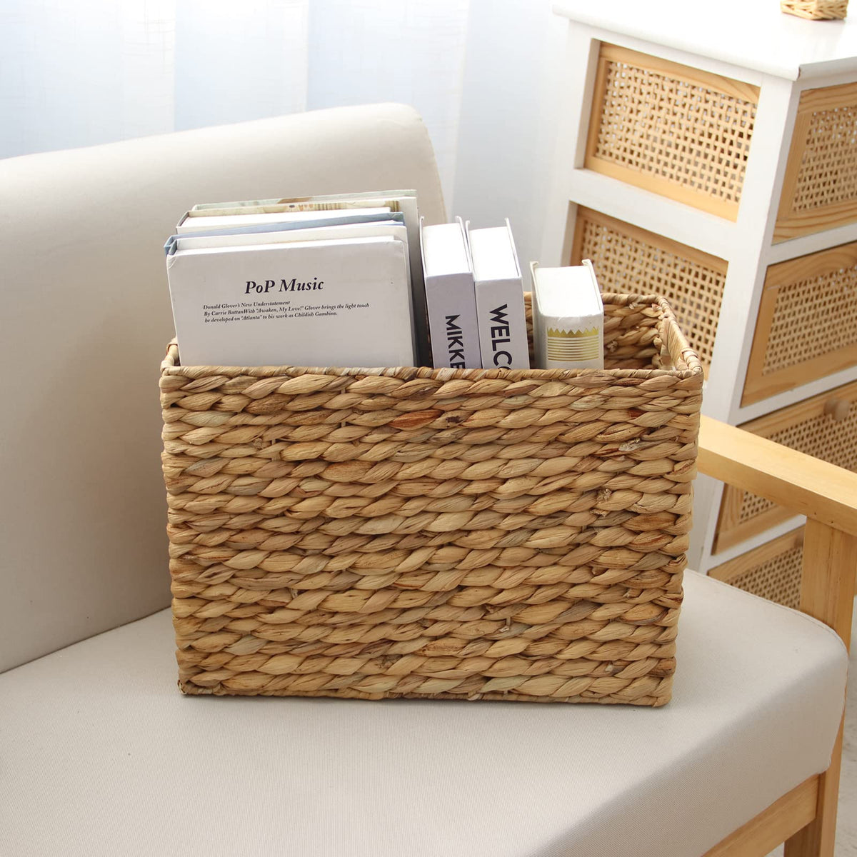 Compact stair basket adds rustic charm while keeping stairs organized.
