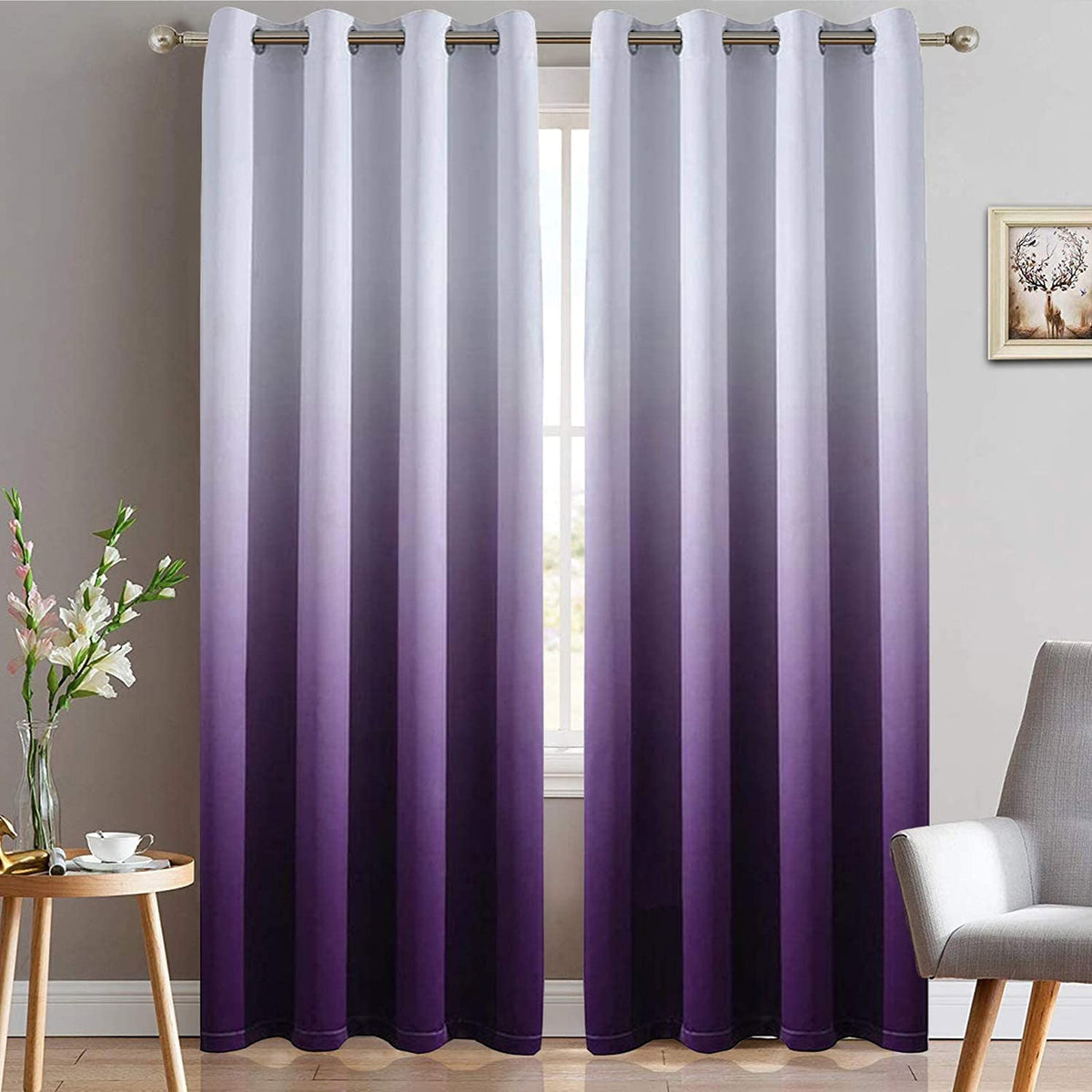 Yakamok purple ombre curtains brighten living spaces and reduce glare.