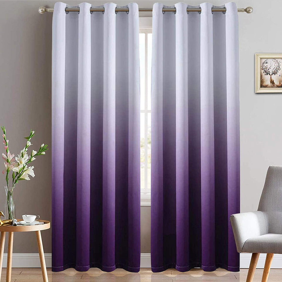 Yakamok purple ombre curtains brighten living spaces and reduce glare.