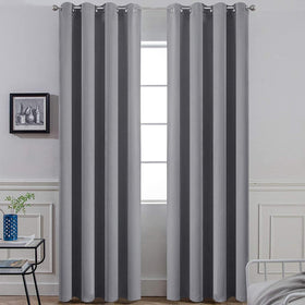 Yakamok gray blackout curtains, 84-inch pair block light for restful mornings.