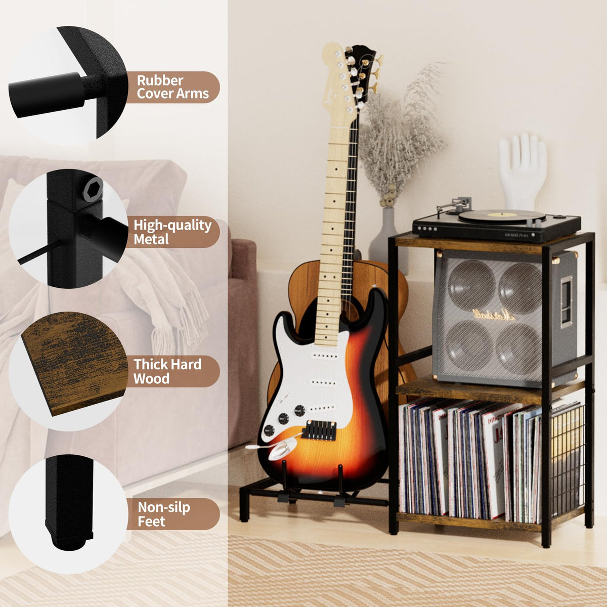 YAKANJ 3-tier storage keeps records and gear neatly organized for quick access.
